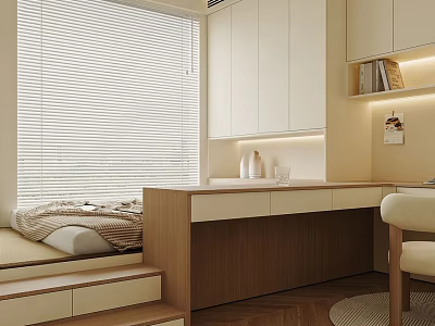 Cozy Tatami Bedroom Interior With Window Blinds White Cabinets And Wooden Floor 3d model