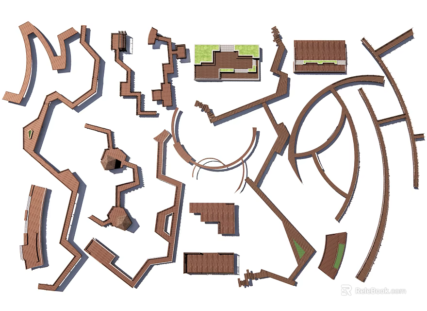 Landscape Bridge Design Plans With Various Curved Structures Connecting Platforms Green Areas And Architectural Elements 3d model