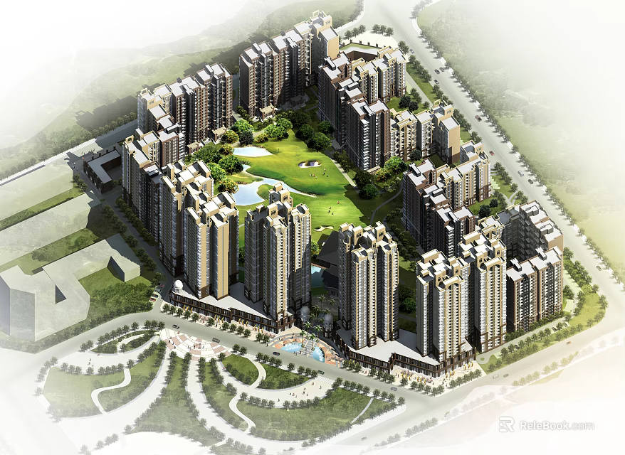 Modern High Rise Residential Complex With Central Garden Green Space And Swimming Pool 3d model 