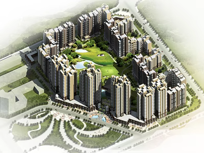 Modern High Rise Residential Complex With Central Garden Green Space And Swimming Pool 3d model