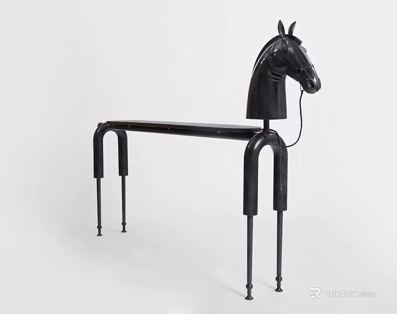 Black Bar Counter With Horse Head Sculpture And Curved Metal Legs Artistic Design 3d model 
