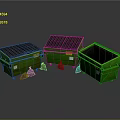 Three Green Trash Bins With Lids And Black Garbage Bags Beside