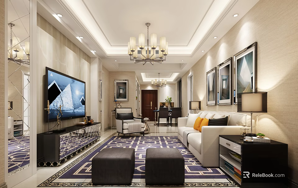 Modern Living Room Interior Design With Chandelier TV White Sofa Orange Pillows And Geometric Rug 3d model 