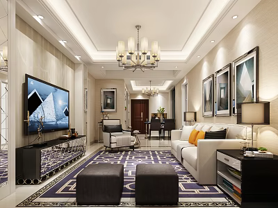 Modern Living Room Interior Design With Chandelier TV White Sofa Orange Pillows And Geometric Rug 3d model