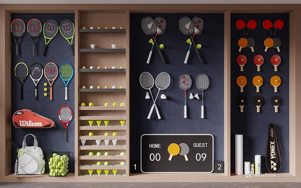 Sports Fitness Equipment Storage Wall With Tennis Badminton Ping Pong Rackets And Balls 3d model 
