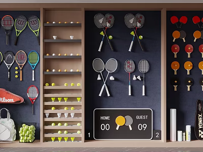 Sports Fitness Equipment Storage Wall With Tennis Badminton Ping Pong Rackets And Balls 3d model