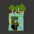 Cartoon Themed 3D Scene Featuring Green Trees Mushroom Small Animals Colorful Block Terrain and Cave