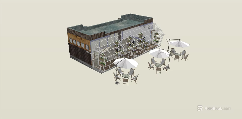 Modern Container Building With Glass Greenhouse Plants Outdoor Tables Chairs And Umbrellas 3d model 