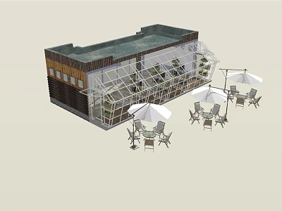 Modern Container Building With Glass Greenhouse Plants Outdoor Tables Chairs And Umbrellas 3d model
