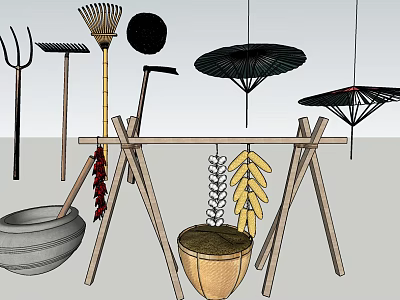 Traditional Industrial Tools With Rake Fork Clay Pot And Hanging Corn On Wooden Frame 3d model