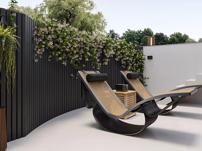 Two Outdoor Lounge Chairs By Black Fence With Climbing Purple Flowers And Green Plants 3d model