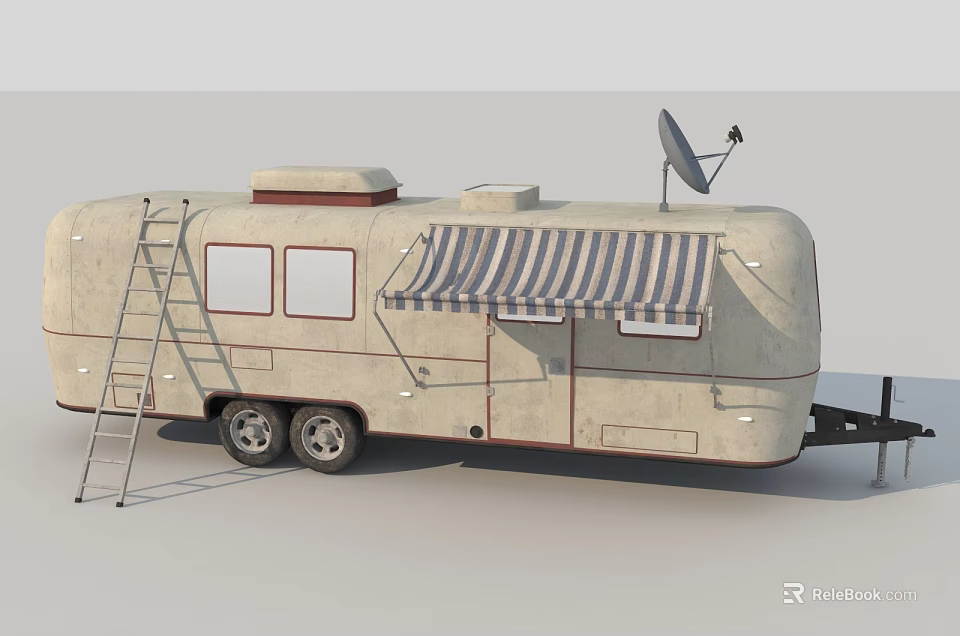 Vintage Travel Trailer With Ladder Awning And Satellite Dish 3d model 