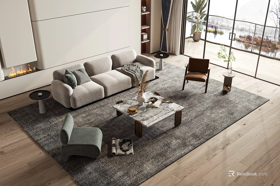 Modern Living Room Interior With Light Gray Sofa And Marble Coffee Table Set Accent Chairs Area Rug 3d model 