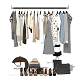 Various Clothes on Hanger with Different Styles and Accessories Like Bags Shoes Hats