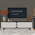Modern TV Stand with White Black Finish and Vase Dried Flowers Gold Sculptures on Pedestals