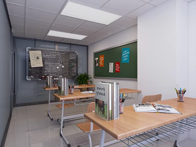 School Classroom Interior With Wooden Desks Chairs Books Stationery And Blackboard Posters 3d model