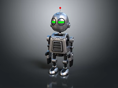 Game and Movie Robot Character With Silver Metallic Body Green Glowing Eyes Red Dot Head 3d model