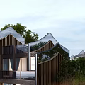Modern Townhouse With Unique Roof Design And Metal Strip Facade Surrounded By Greenery And Fence