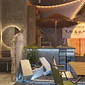 Cozy Casual Lounge Area With String Lights Umbrella Gray Walls Plants And Pebble Floor