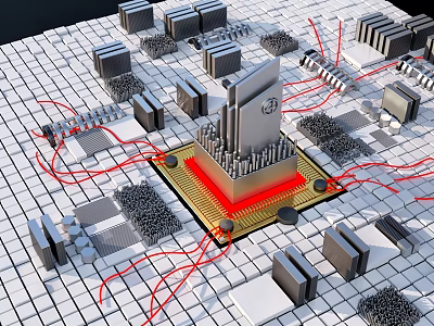Industrial Equipment Integrated Circuit Chip Module Featuring Red Connecting Wires And Grid Base Plate 3d model