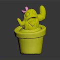 Green Cactus With Black Eyes Sticking Out Tongue And Pink Flower In Brown Clay Pot