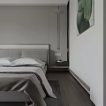 Modern Bedroom Interior With Neutral Tones Platform Bed White Accent Chair And Green Wall Art