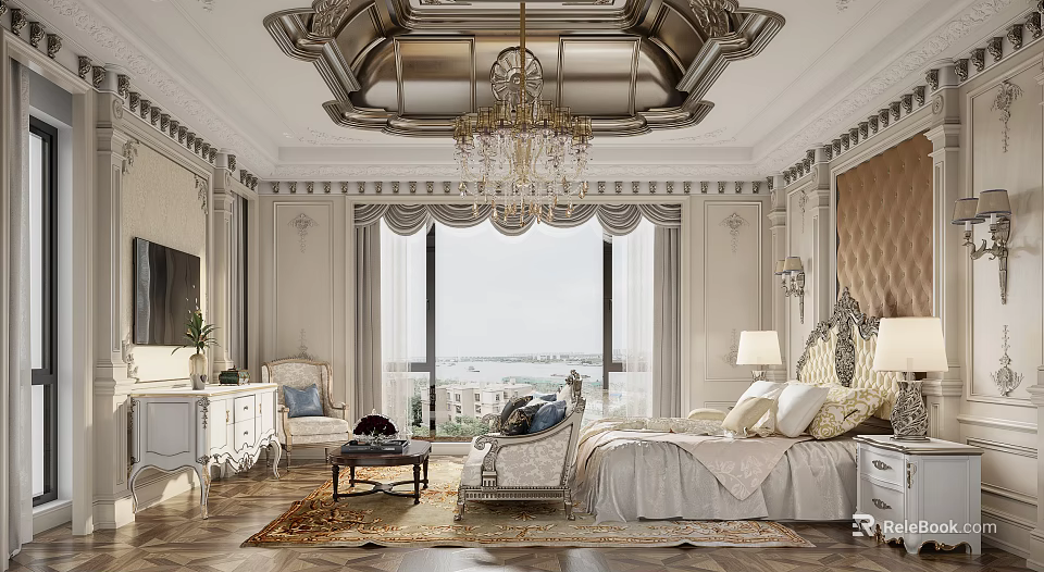 Luxurious Classic Bedroom Interior With Chandelier Scenic View And Elegant Bed 3d model 