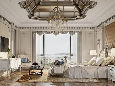 Luxurious Classic Bedroom Interior With Chandelier Scenic View And Elegant Bed 3d model
