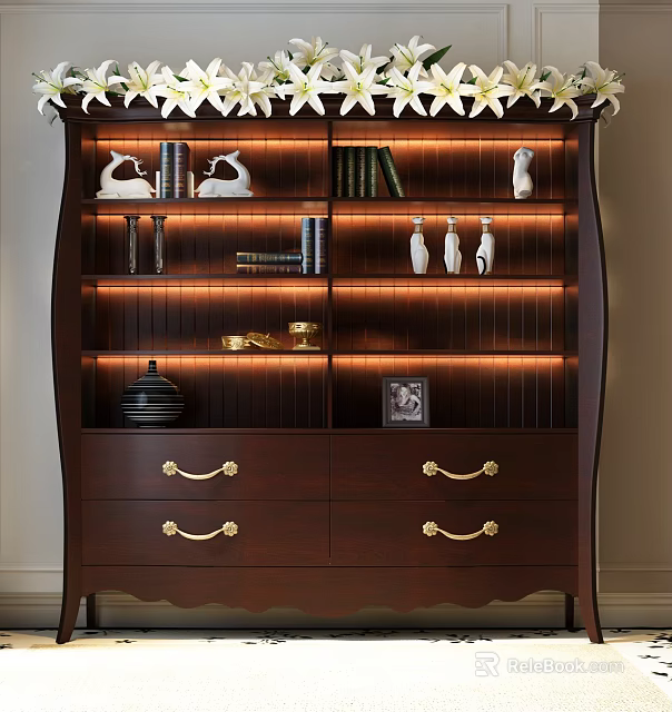 Elegant Wooden Bookcase With Drawers Golden Handles Built In Lighting Books And Decorative Items 3d model 
