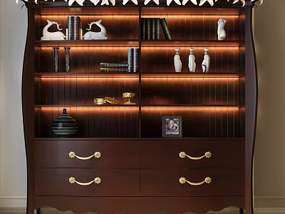 Elegant Wooden Bookcase With Drawers Golden Handles Built In Lighting Books And Decorative Items 3d model