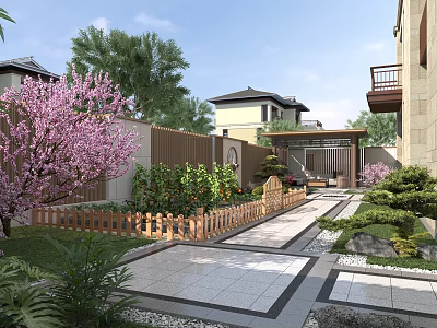 Beautiful Courtyard Garden With Pink Cherry Blossom Tree Wooden Fence Stone Pathway And Green Plants 3d model