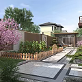 Beautiful Courtyard Garden With Pink Cherry Blossom Tree Wooden Fence Stone Pathway And Green Plants