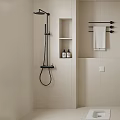 Modern Shower Head in Minimalist Bathroom with Wall Mounted Design Storage Niche and Towel Rack