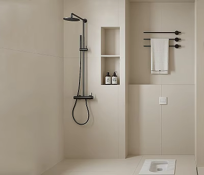 Modern Shower Head in Minimalist Bathroom with Wall Mounted Design Storage Niche and Towel Rack 3d model