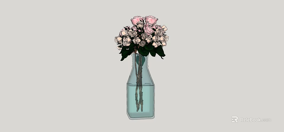 Transparent Blue Vase With Pink And White Flowers And Green Leaves Arrangement 3d model 