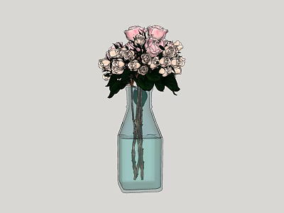 Transparent Blue Vase With Pink And White Flowers And Green Leaves Arrangement 3d model