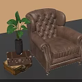 Brown Leather Tufted Armchair With Suitcase Side Table And Green Plant