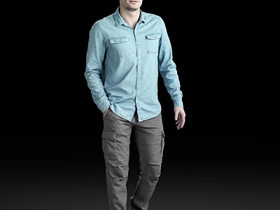 Man in Light Blue Shirt and Gray Cargo Pants Standing Against Black Background 3d model