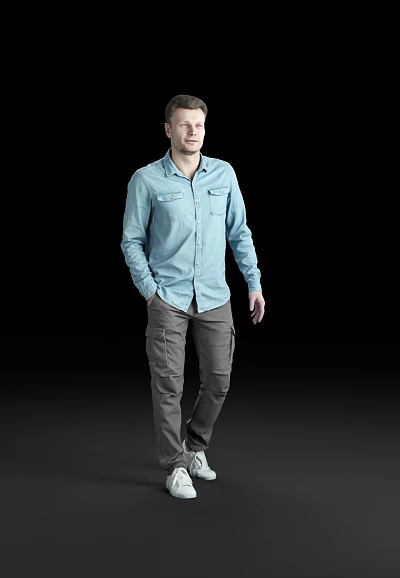 Man in Light Blue Shirt and Gray Cargo Pants Standing Against Black Background 3d model