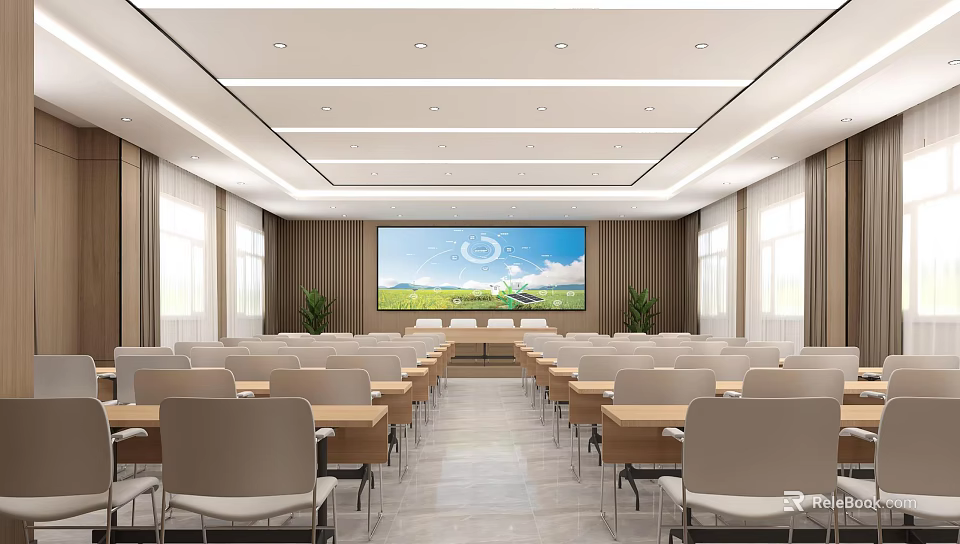 Modern Conference Room Interior With Large Display Screen Arranged Tables And Comfortable Chairs 3d model 