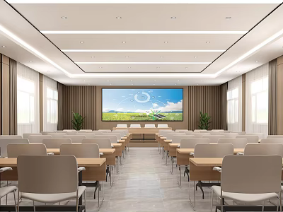 Modern Conference Room Interior With Large Display Screen Arranged Tables And Comfortable Chairs 3d model