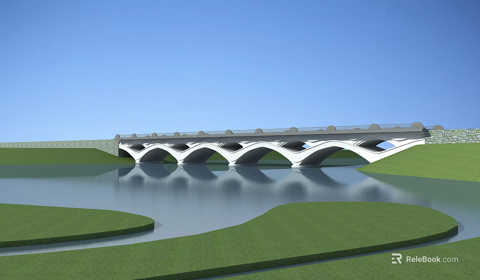 Modern Arched Bridge Spanning Calm Water With Green Grassland And Blue Sky Reflection 3d model 