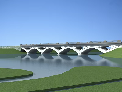 Modern Arched Bridge Spanning Calm Water With Green Grassland And Blue Sky Reflection 3d model