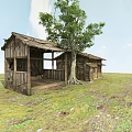 Old Wooden House On Open Grassland With Large Tree Brown Roof And Wooden Structure