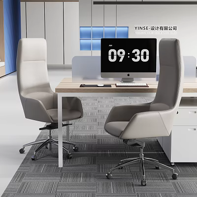 Modern White Leather Office Chairs With Swivel Wheels And Computer Desk In Office Interior 3d model