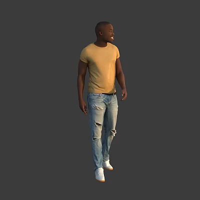 A Man In Yellow T shirt Ripped Jeans And White Sneakers Walking On Gray Background 3d model