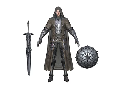 Hooded Warrior in Steel Armor with Cloak Holding Spiked Sword and Shield 3d model