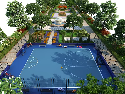 Outdoor Basketball Court With Blue Surface Surrounded By Trees Seating And Fencing 3d model