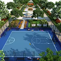 Outdoor Basketball Court With Blue Surface Surrounded By Trees Seating And Fencing