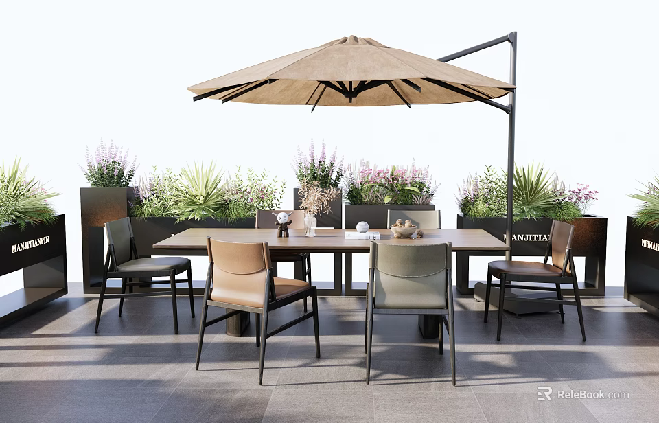 Outdoor Table And Chair Set With Umbrella Surrounded By Plants And Flowers On Gray Flooring 3d model 